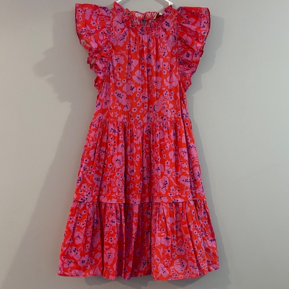 Caballero Dresses & Skirts - Girls' Bright Pink Floral Tiered Midi Dress with Ruffle Sleeves